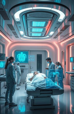 a scene depicting a futuristic hospital room with advanced medical technology, featuring a sleek design and ambient lighting