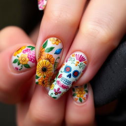 nail art design inspired by Día de Muertos with medium-length nails, featuring embossed elements like marigold flowers, citrus motifs, traditional pan de muerto, and intricate Talavera patterns