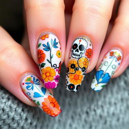 nail art design inspired by Día de Muertos with medium-length nails, featuring embossed elements like marigold flowers, citrus motifs, traditional pan de muerto, and intricate Talavera patterns