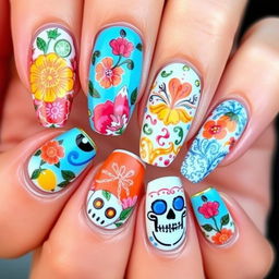 nail art design inspired by Día de Muertos with medium-length nails, featuring embossed elements like marigold flowers, citrus motifs, traditional pan de muerto, and intricate Talavera patterns