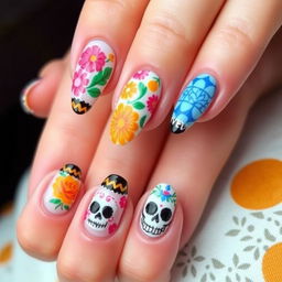 nail art design inspired by Día de Muertos with medium-length nails, featuring embossed elements like marigold flowers, citrus motifs, traditional pan de muerto, and intricate Talavera patterns