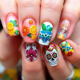 Create a nail art design with medium-length nails inspired by Día de Muertos, featuring embossed elements