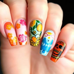 Create a nail art design with medium-length nails inspired by Día de Muertos, featuring embossed elements