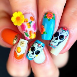 Create a nail art design with medium-length nails inspired by Día de Muertos, featuring embossed elements