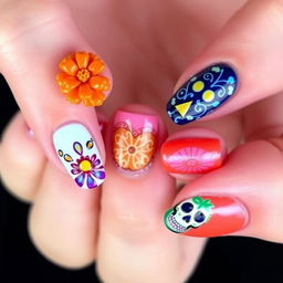 Create a nail art design with medium-length nails inspired by Día de Muertos, featuring embossed elements