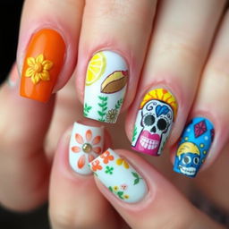 nail art design with medium-length nails inspired by Día de Muertos, featuring embossed elements for a tactile feel