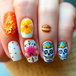 nail art design with medium-length nails inspired by Día de Muertos, featuring embossed elements for a tactile feel