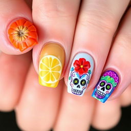 nail art design with medium-length nails inspired by Día de Muertos, featuring embossed elements for a tactile feel