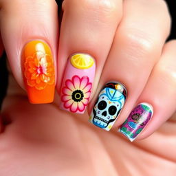 nail art design with medium-length nails inspired by Día de Muertos, featuring embossed elements for a tactile feel