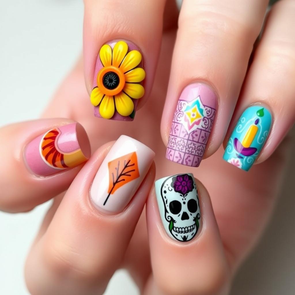 nail art design inspired by Día de Muertos, featuring unique designs for each medium-length nail with embossed details