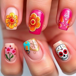 nail art design inspired by Día de Muertos, featuring unique designs for each medium-length nail with embossed details