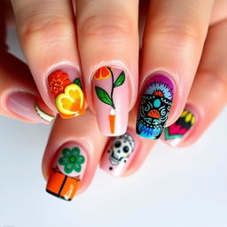 nail art design inspired by Día de Muertos, featuring unique designs for each medium-length nail with embossed details