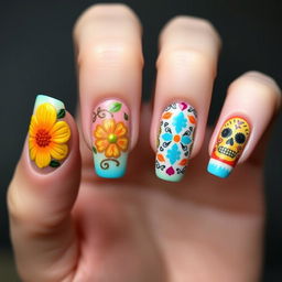 nail art design inspired by Día de Muertos, featuring unique designs for each medium-length nail with embossed details