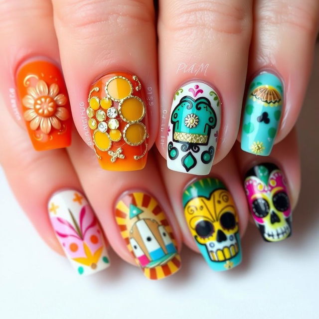 Design an intricate nail art set with a Día de Muertos theme, each medium-length nail featuring a unique design with embossed detailing