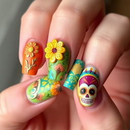 Design an intricate nail art set with a Día de Muertos theme, each medium-length nail featuring a unique design with embossed detailing