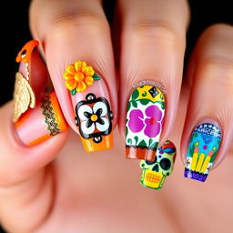 Design an intricate nail art set with a Día de Muertos theme, each medium-length nail featuring a unique design with embossed detailing