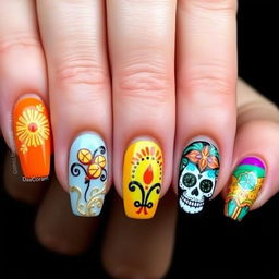 Design an intricate nail art set with a Día de Muertos theme, each medium-length nail featuring a unique design with embossed detailing