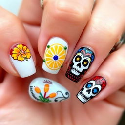 Elegantly intricate nail art set for Día de Muertos, following the initial vibrant yet culturally rich themes