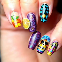 Elegantly intricate nail art set for Día de Muertos, following the initial vibrant yet culturally rich themes