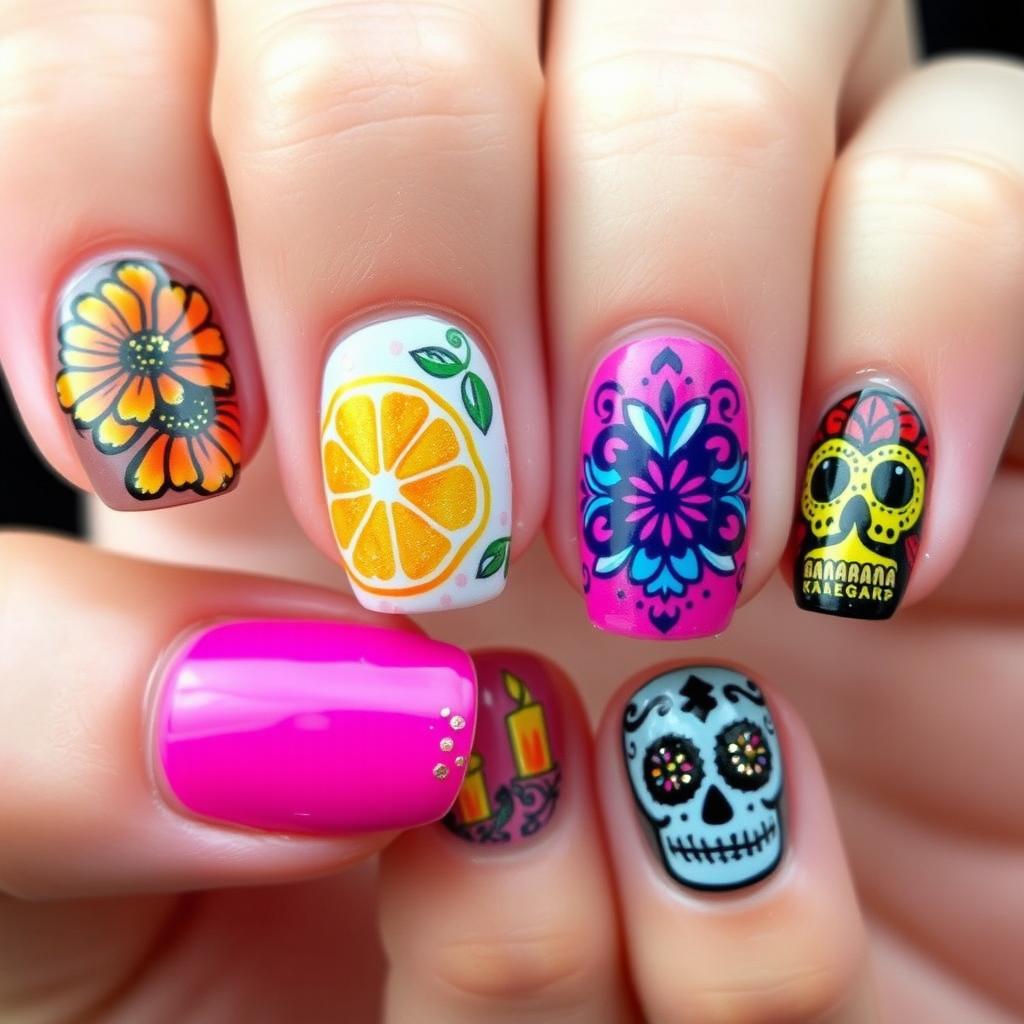 Elegantly intricate nail art set for Día de Muertos, following the initial vibrant yet culturally rich themes