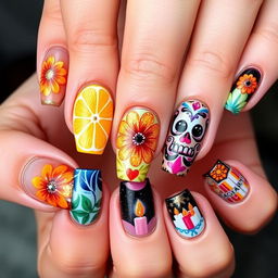 Elegantly intricate Día de Muertos-themed nail art set, echoing the initial vibrant and culturally rich designs