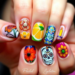 Elegantly intricate Día de Muertos-themed nail art set, echoing the initial vibrant and culturally rich designs