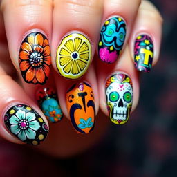 Elegantly intricate Día de Muertos-themed nail art set, echoing the initial vibrant and culturally rich designs