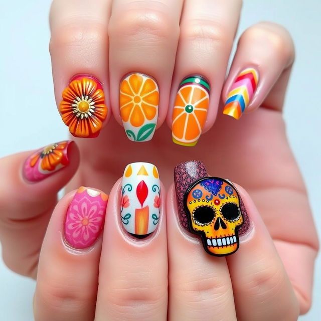 Elegantly intricate Día de Muertos-themed nail art set, echoing the initial vibrant and culturally rich designs