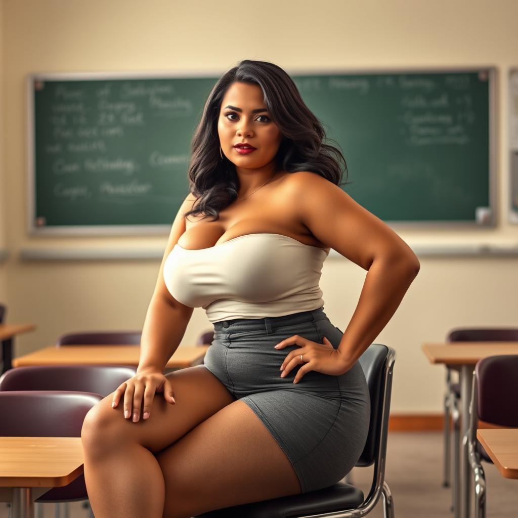 A voluptuous woman with a captivating presence, seated confidently on a chair in a classroom setting