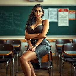 A voluptuous woman with a captivating presence, seated confidently on a chair in a classroom setting