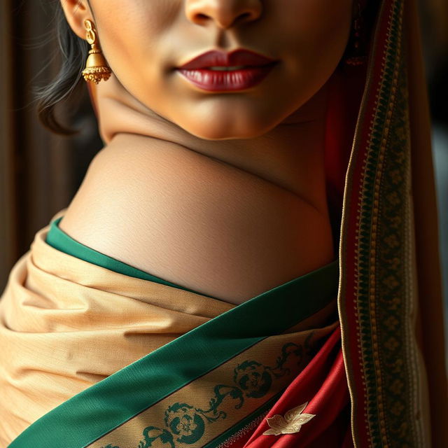 A close-up artistic portrayal of an Indian woman, emphasizing her curvaceous form