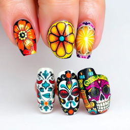 Intricate nail art set inspired by Día de Muertos, capturing the vivid and culturally resonant themes from the original images you provided