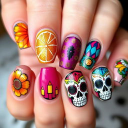 Intricate nail art set inspired by Día de Muertos, capturing the vivid and culturally resonant themes from the original images you provided