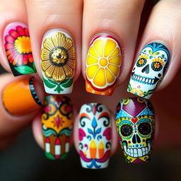 Intricate nail art set inspired by Día de Muertos, capturing the vivid and culturally resonant themes from the original images you provided