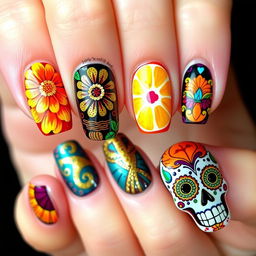 Intricate nail art set inspired by Día de Muertos, capturing the vivid and culturally resonant themes from the original images you provided