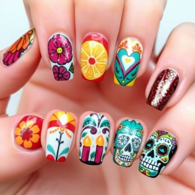 Creating nail art inspired by Día de Muertos, reflecting the vibrant and culturally resonant themes seen in the provided images