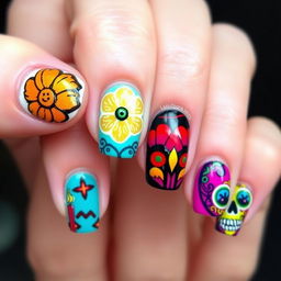 Creating nail art inspired by Día de Muertos, reflecting the vibrant and culturally resonant themes seen in the provided images