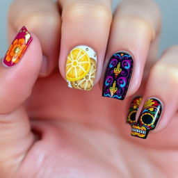 Creating nail art inspired by Día de Muertos, reflecting the vibrant and culturally resonant themes seen in the provided images