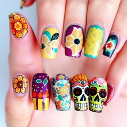 Creating nail art inspired by Día de Muertos, reflecting the vibrant and culturally resonant themes seen in the provided images