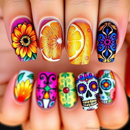 Exquisitely detailed Día de Muertos-themed nail art set, closely mirroring the vibrant and culturally rich designs from the initial images