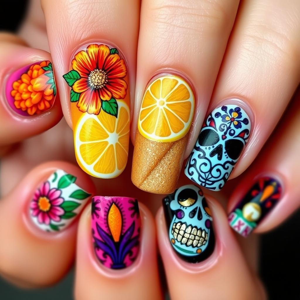 Exquisitely detailed Día de Muertos-themed nail art set, closely mirroring the vibrant and culturally rich designs from the initial images