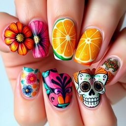 Exquisitely detailed Día de Muertos-themed nail art set, closely mirroring the vibrant and culturally rich designs from the initial images