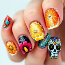 Exquisitely detailed Día de Muertos-themed nail art set, closely mirroring the vibrant and culturally rich designs from the initial images