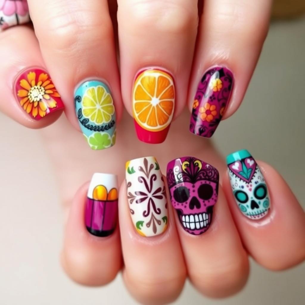 A captivating nail art ensemble inspired by Día de Muertos, with an exquisite reflection of the vibrant and culturally symbolic themes seen in your initial images