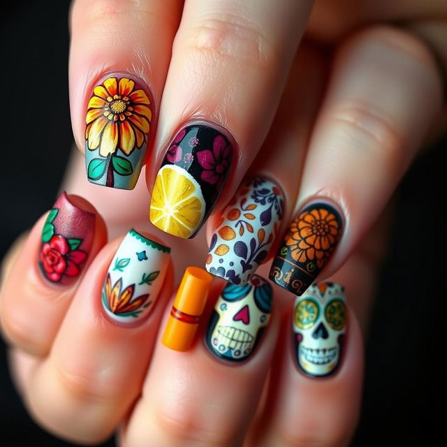 A captivating nail art ensemble inspired by Día de Muertos, with an exquisite reflection of the vibrant and culturally symbolic themes seen in your initial images