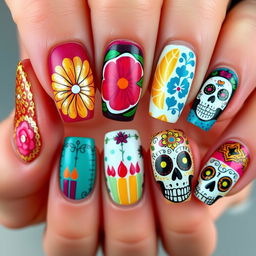 A captivating nail art ensemble inspired by Día de Muertos, with an exquisite reflection of the vibrant and culturally symbolic themes seen in your initial images