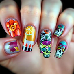 A captivating nail art ensemble inspired by Día de Muertos, with an exquisite reflection of the vibrant and culturally symbolic themes seen in your initial images