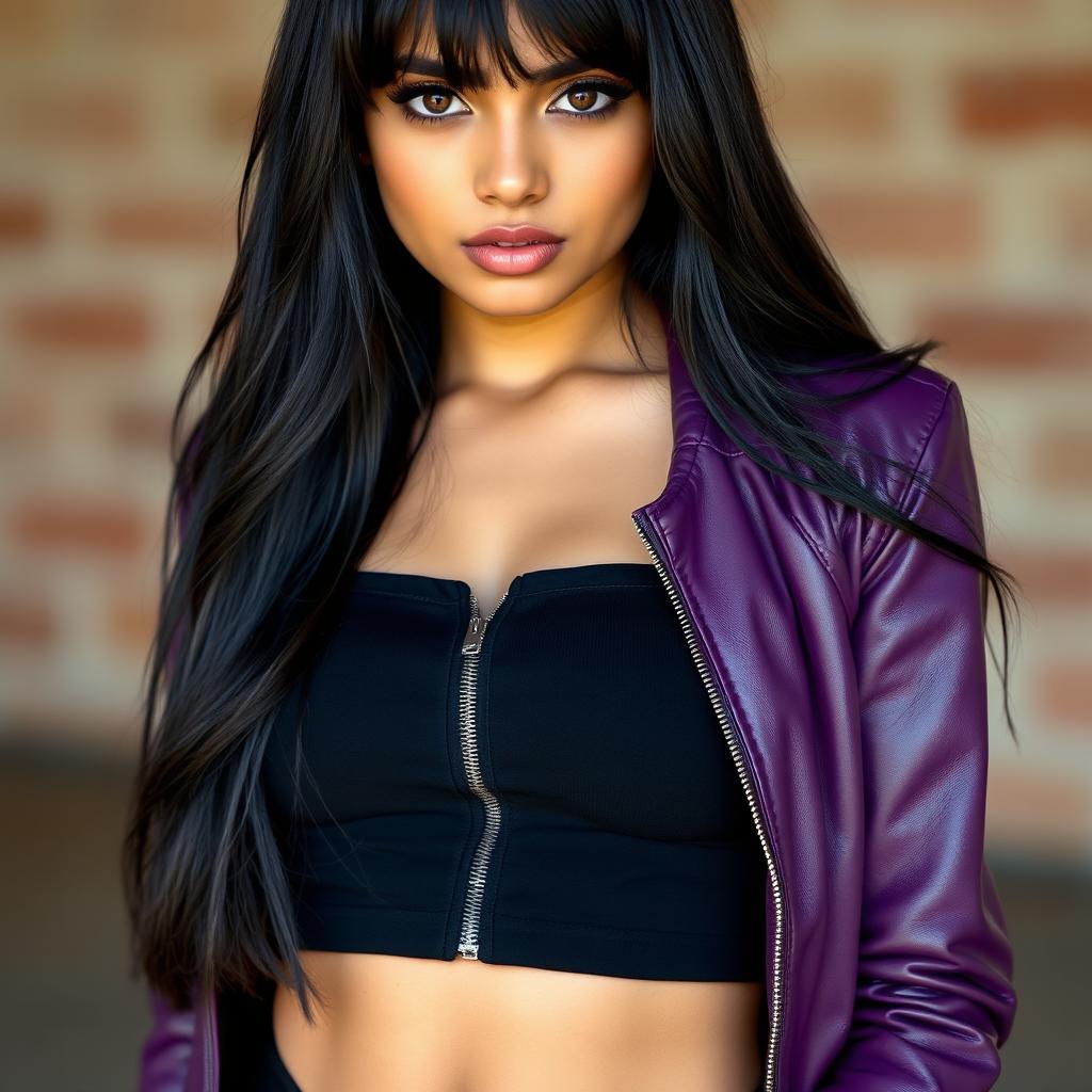 A stunning Indian girl with captivating brown eyes and long black hair featuring bangs