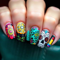 Design inspired by the reference image shared, focusing on a stunning and vibrant Día de Muertos theme for nail art