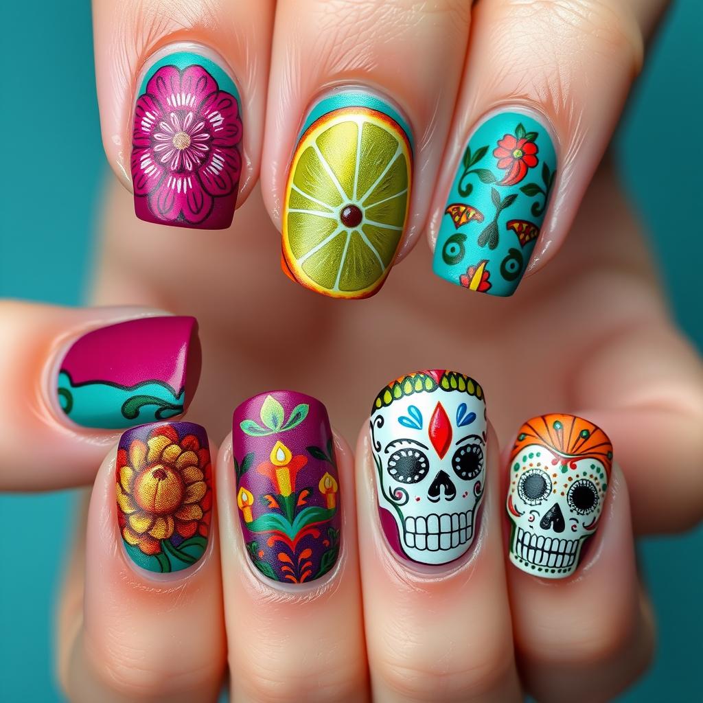 Design inspired by the reference image shared, focusing on a stunning and vibrant Día de Muertos theme for nail art